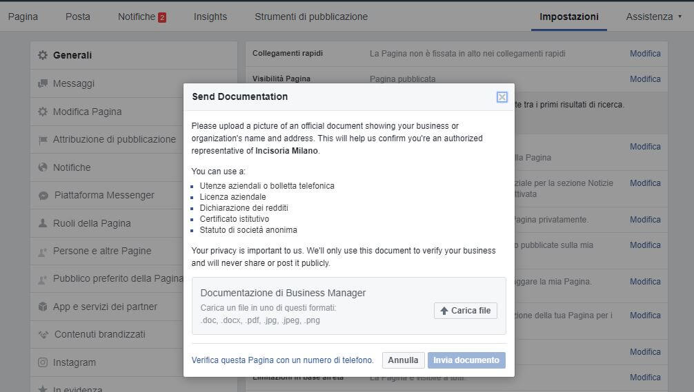 verifica pagina facebook documenti necessari